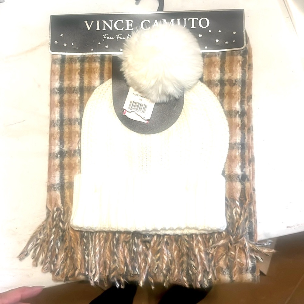 Vince Camuto faux fur pin beanie and scarf set